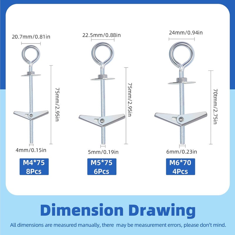 Glarks 18pcs M4 M5 M6 O-Shaped Eye Bolt Toggle Anchors Set for Drywall, Toggle Bolts, Butterfly Anchors, Spring Toggle Wing Bolts for Ceiling, Sheetrock, Hollow Wall - Image 2